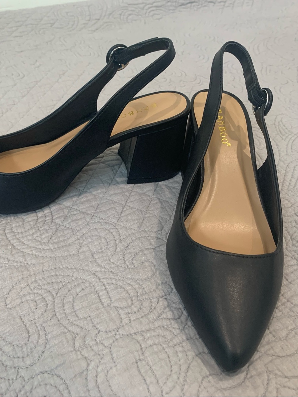BAMBOO Black Pointed Slingback Block Heel Pumps